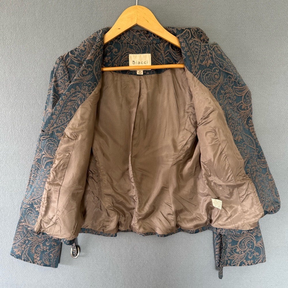 Biacci Jacquard Paisley Blazer Sz 6 Teal Bronze Jeweled Belted Jacket - Picture 6 of 13